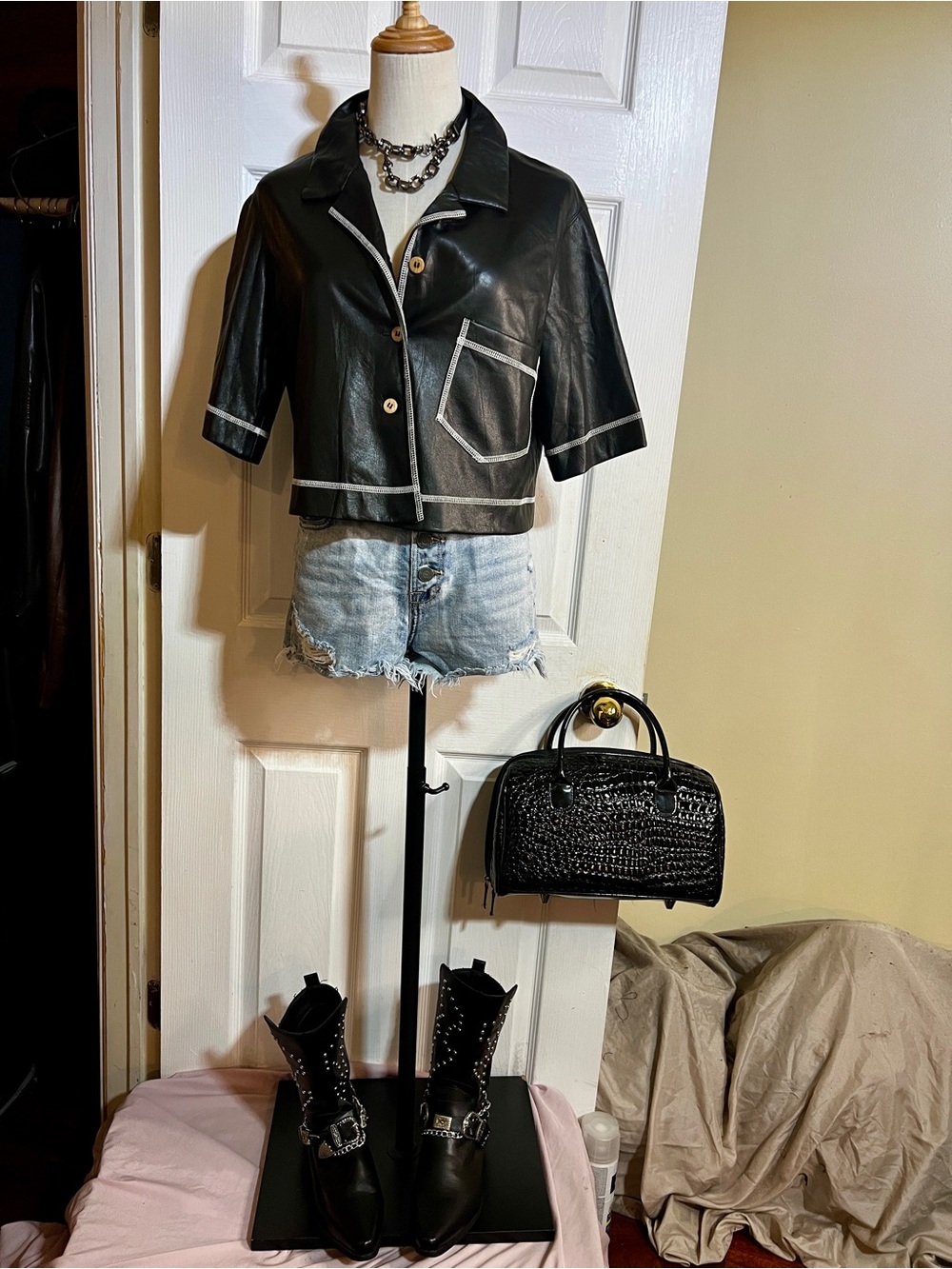 Nanushka Vegan Leather Wms Rhett Black Camp Stitched Crop Top S